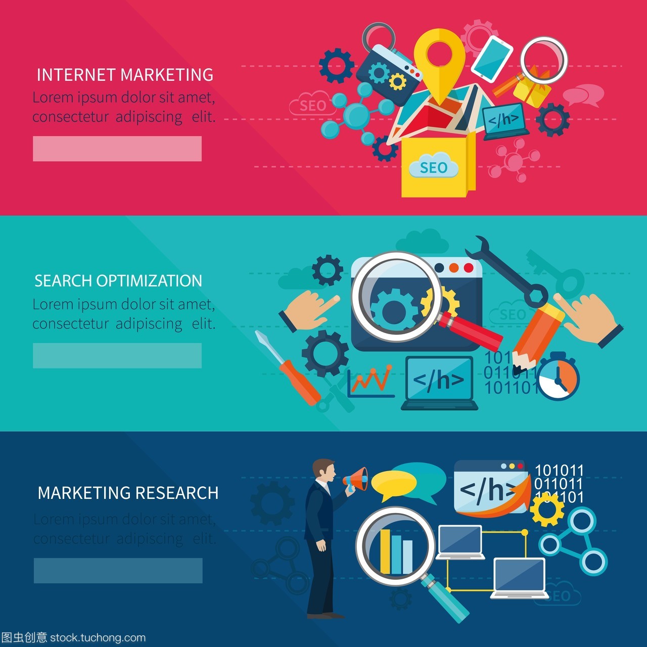 seo营销横幅与互联网搜索优化元素的分离矢量图。搜索引擎优化营销横幅